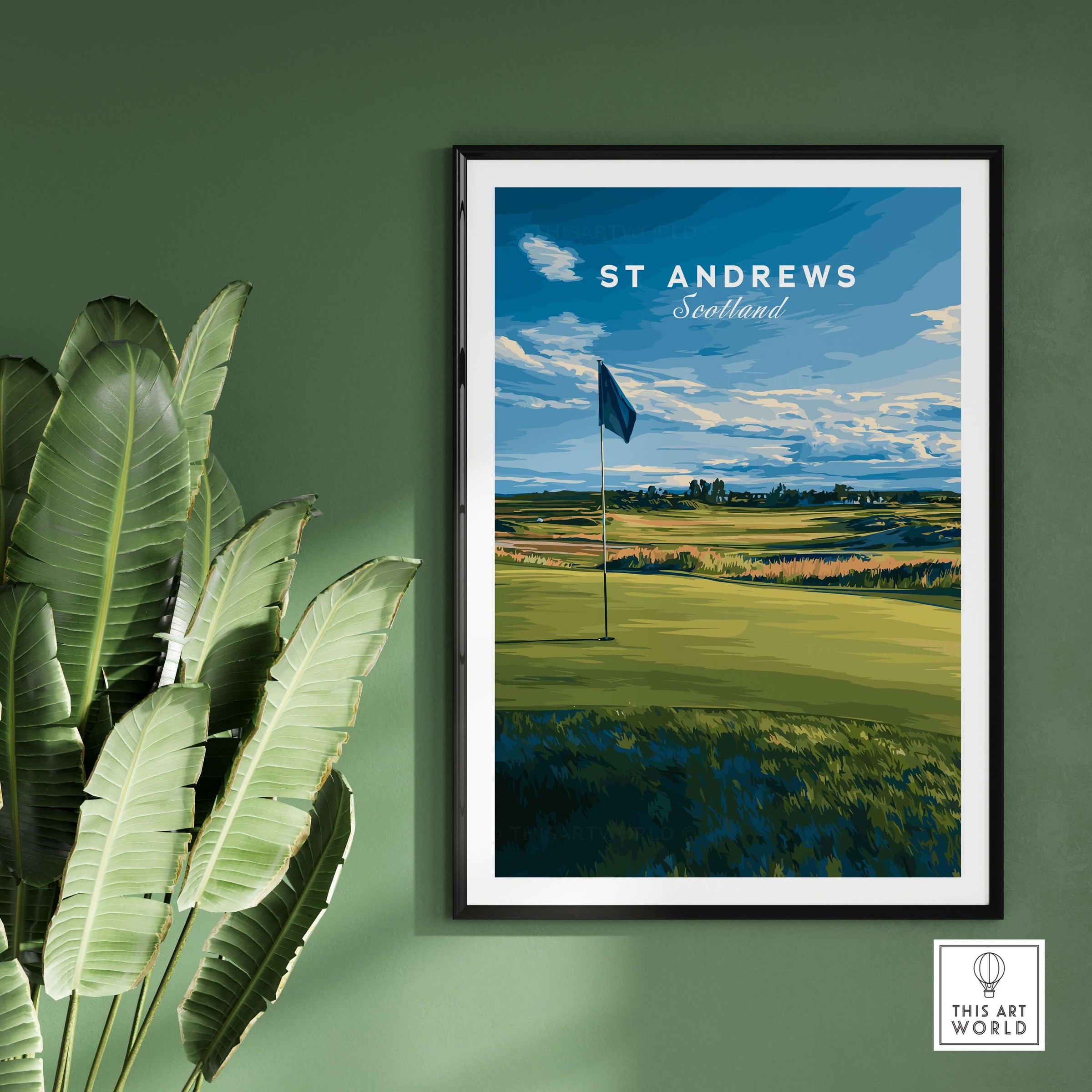St Andrews Poster Scotland - Golf Print featuring a golf flag against a lush green landscape in Scotland.