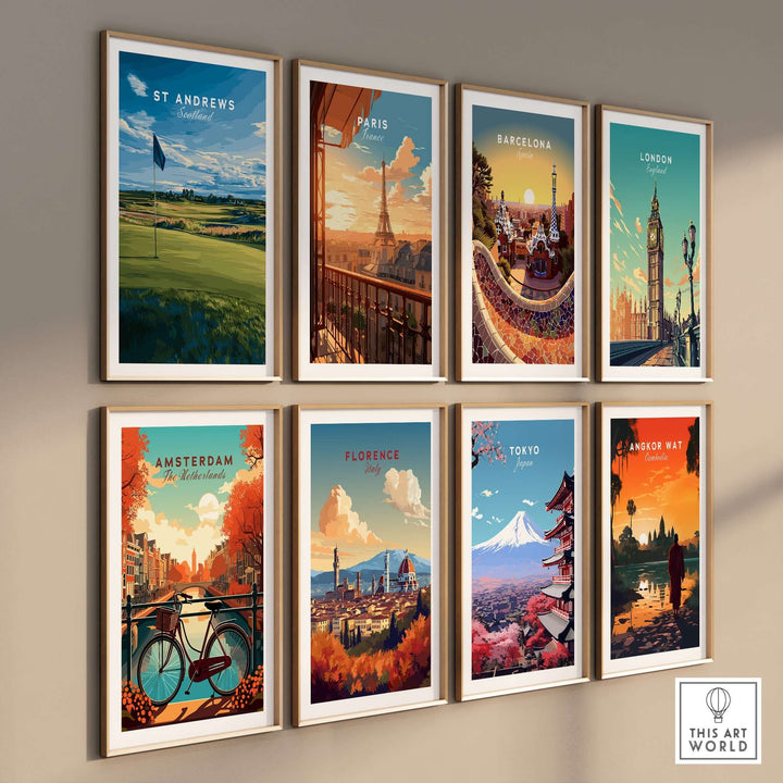 Gallery of various travel posters including St Andrews, Paris, and Barcelona on a wall.