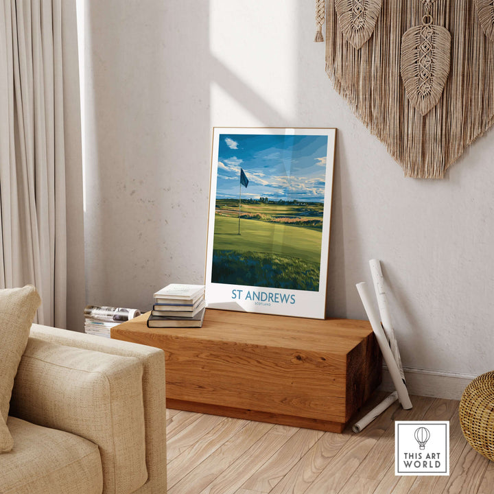 St Andrews Print Scotland poster displayed in a stylish living room, highlighting iconic golf course scenery.