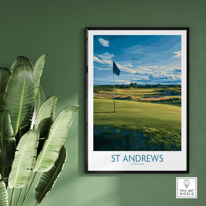 St Andrews Golf Course poster featuring a flag on a green, capturing Scotland's iconic golfing landscape.