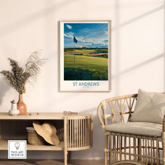 St Andrews Print Scotland - Golf Course Poster featuring a golf flag on a lush course with a beautiful sky.