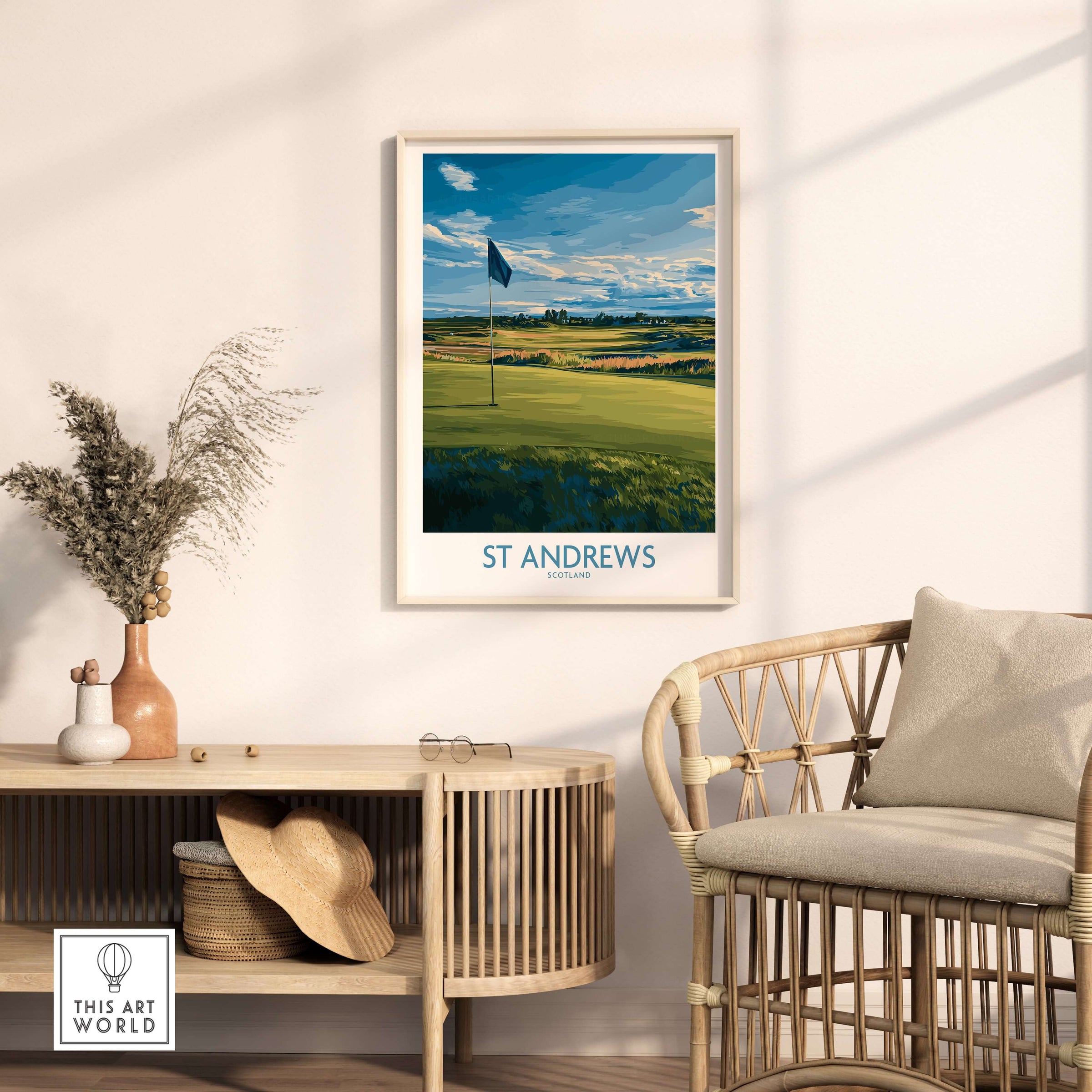 St Andrews Print Scotland - Golf Course Poster featuring a golf flag on a lush course with a beautiful sky.