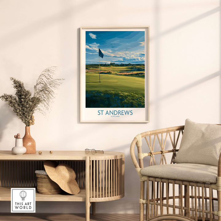 St Andrews golf course poster displayed in a modern living room with a stylish decor.