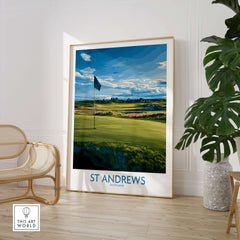 St Andrews Print Scotland - Golf Course Poster showcasing a beautiful golf course with a flag and scenic landscape.