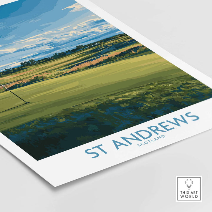 St Andrews Scotland golf course poster featuring a green landscape and blue skies.
