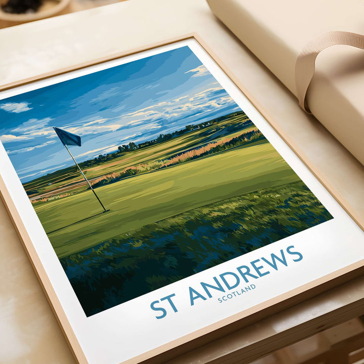St Andrews Print Scotland poster featuring golf course views with flag and scenic landscape.