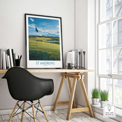 St Andrews Print Scotland - Golf Course Poster displayed in a modern workspace with stylish furniture and greenery.