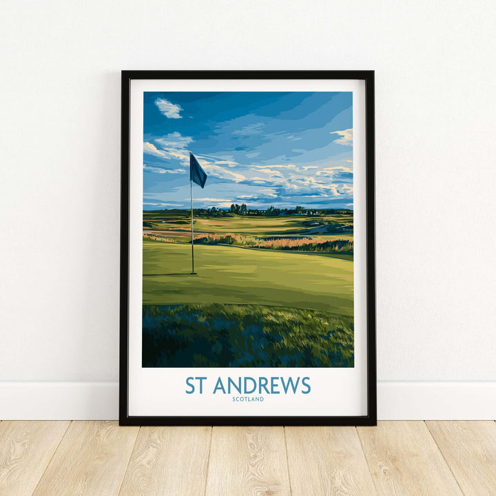 St Andrews Golf Course poster featuring iconic fairways and a flag against a blue sky in Scotland.