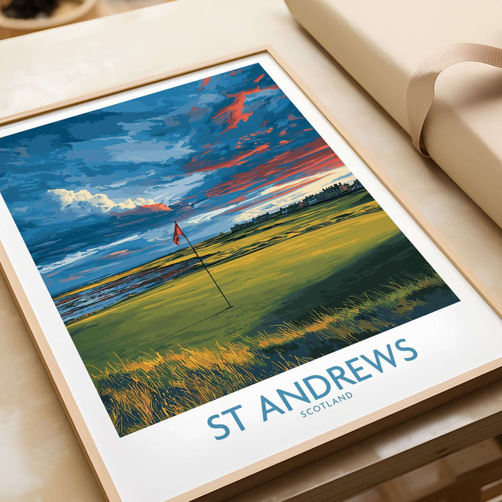 St Andrews Scotland golf fairway wall art poster featuring vibrant landscape with flag on green.
