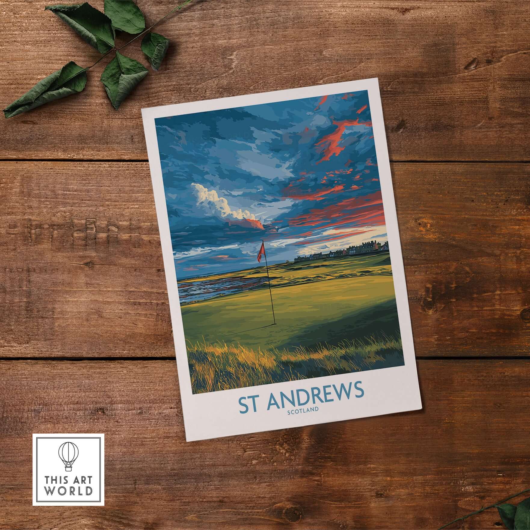 St Andrews Poster Scotland Golf Fairway Wall Art featuring a golf course landscape at sunset with a flag and dramatic skies.