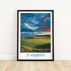 St Andrews Poster Scotland Golf Fairway Wall Art featuring a vibrant golf course landscape with a flag and dramatic sky.