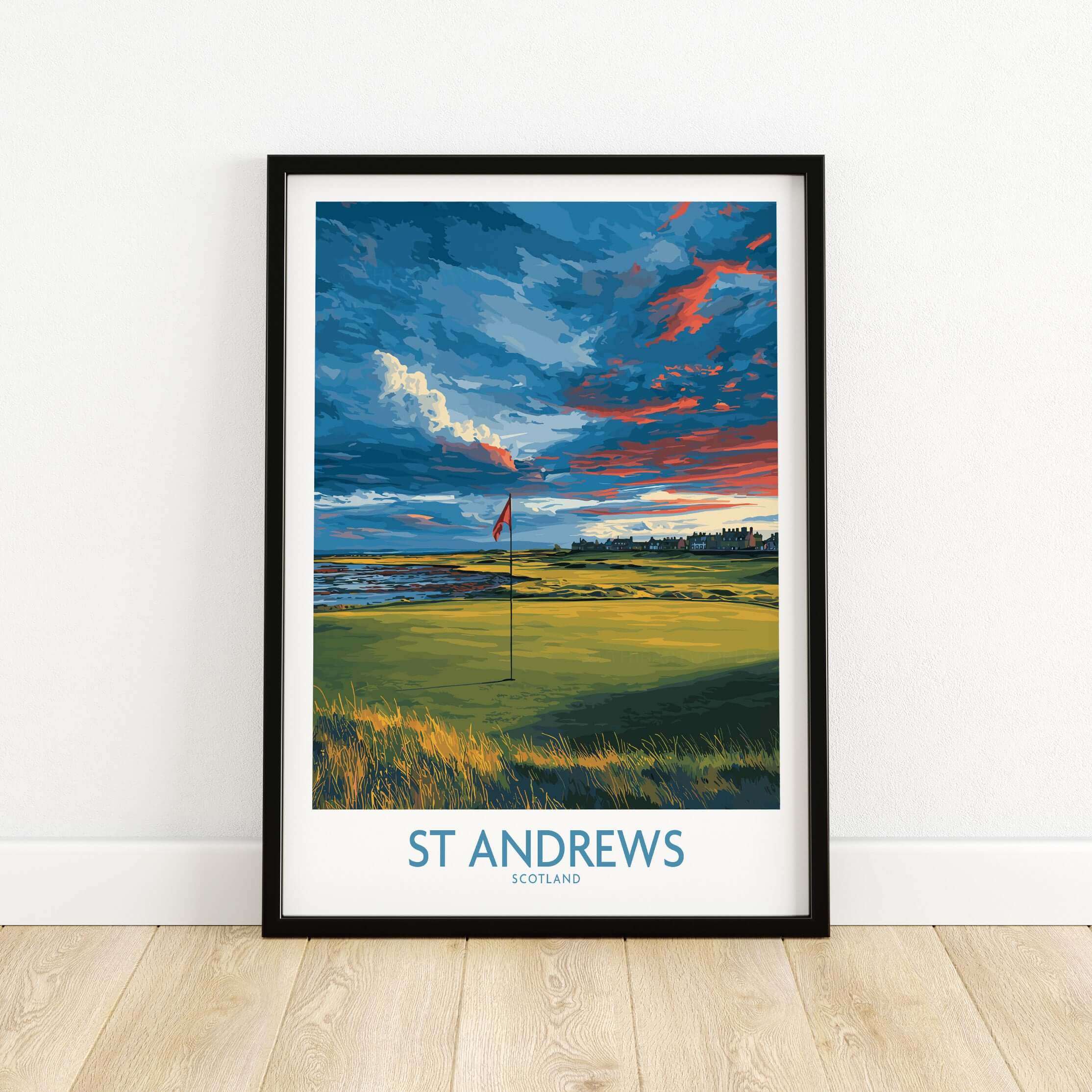 St Andrews Poster Scotland Golf Fairway Wall Art featuring a vibrant golf course landscape with a flag and dramatic sky.