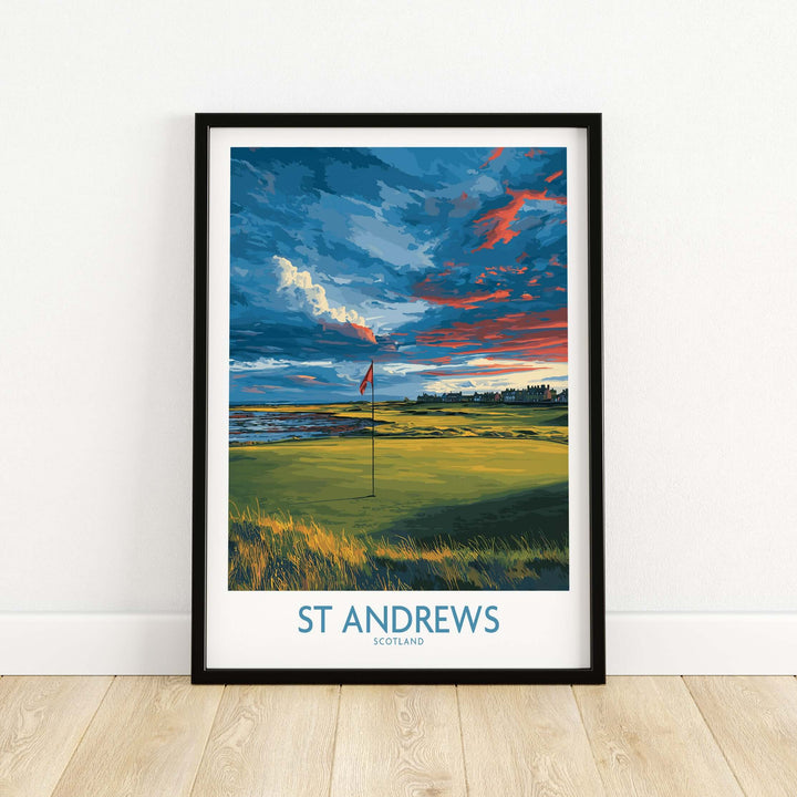 St Andrews poster showcasing a golf fairway in Scotland with a red flag and dramatic skies.