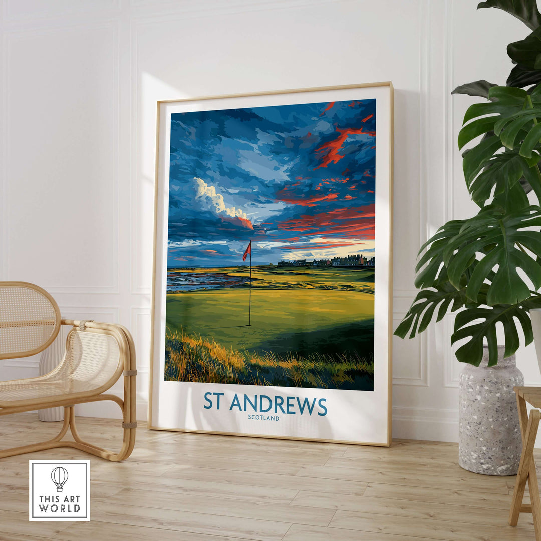 St Andrews poster showing a golf fairway in Scotland with dramatic skies, framed in a stylish interior setting.