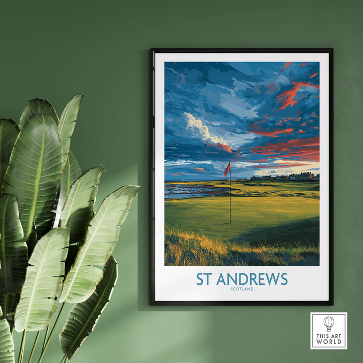St Andrews Scotland golf fairway wall art showcasing iconic links and dramatic skies, perfect for golf enthusiasts.