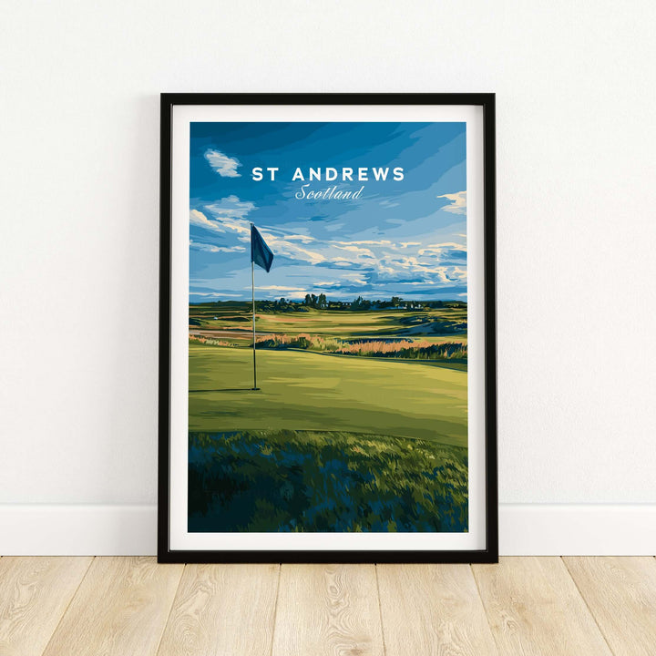 St Andrews Poster Scotland showcasing golf landscape with a flag on the green, perfect for golf enthusiasts.