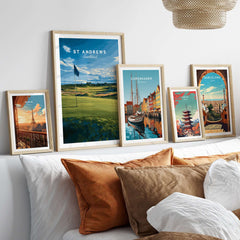 St Andrews Poster Scotland - Golf Print displayed among other city prints in a stylish home decor setting.
