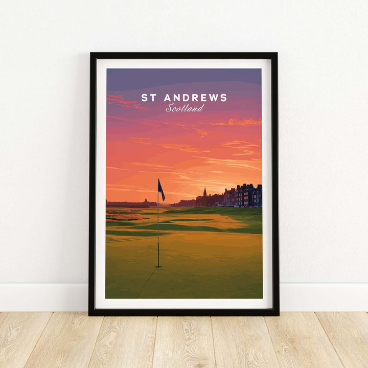St Andrews Wall Art poster showcasing Scotland's historic golf links at sunset, perfect for golf-themed home decor.