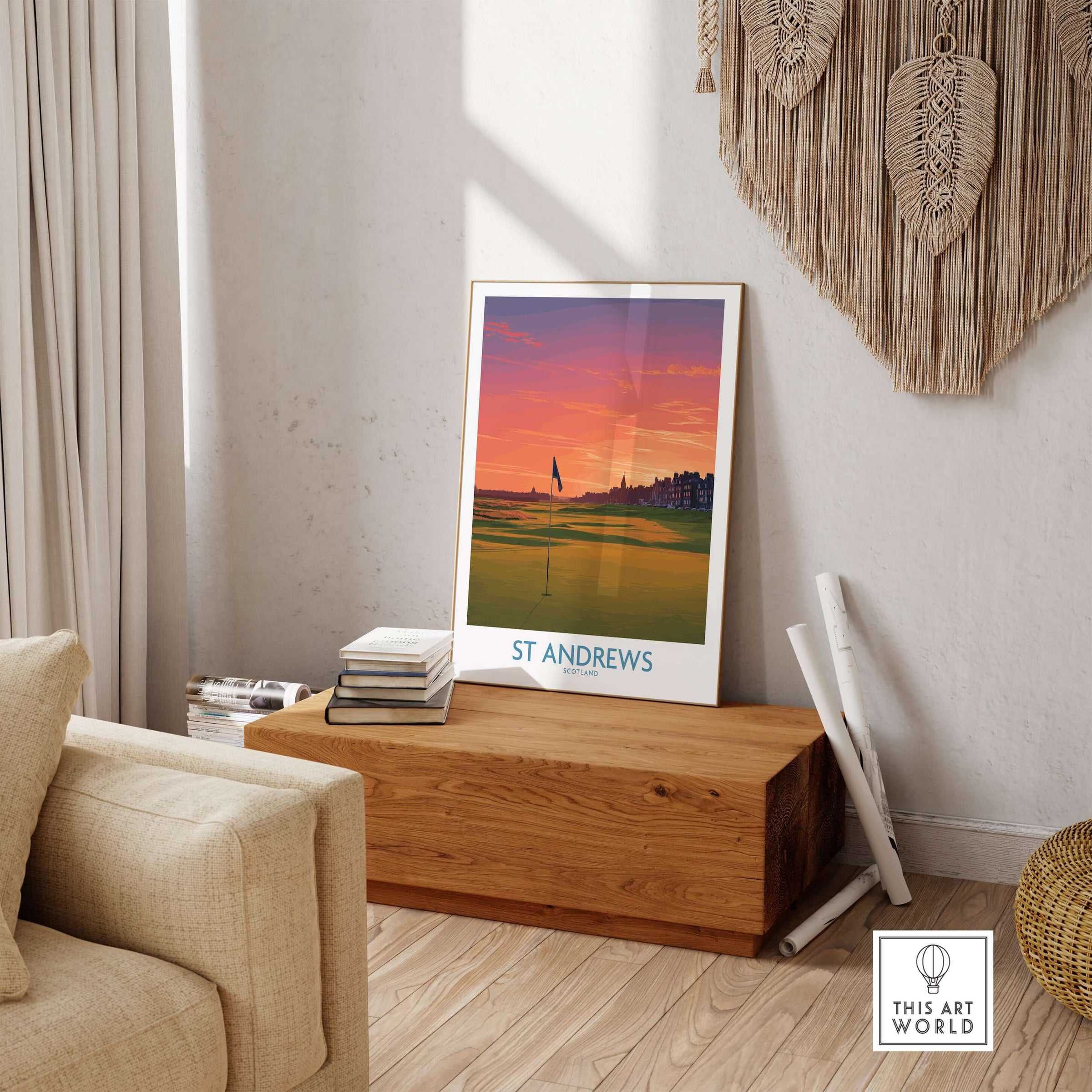 St Andrews Scotland Historic Golf Course Wall Art - Scotland Poster Print displayed in modern interior setting.