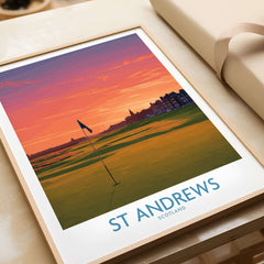 St Andrews Scotland Historic Golf Course Wall Art - Scotland Poster Print featuring sunset over golf links.