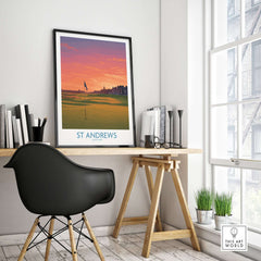 St Andrews Scotland Historic Golf Course Wall Art - Scotland Poster Print displayed in a modern office setting.