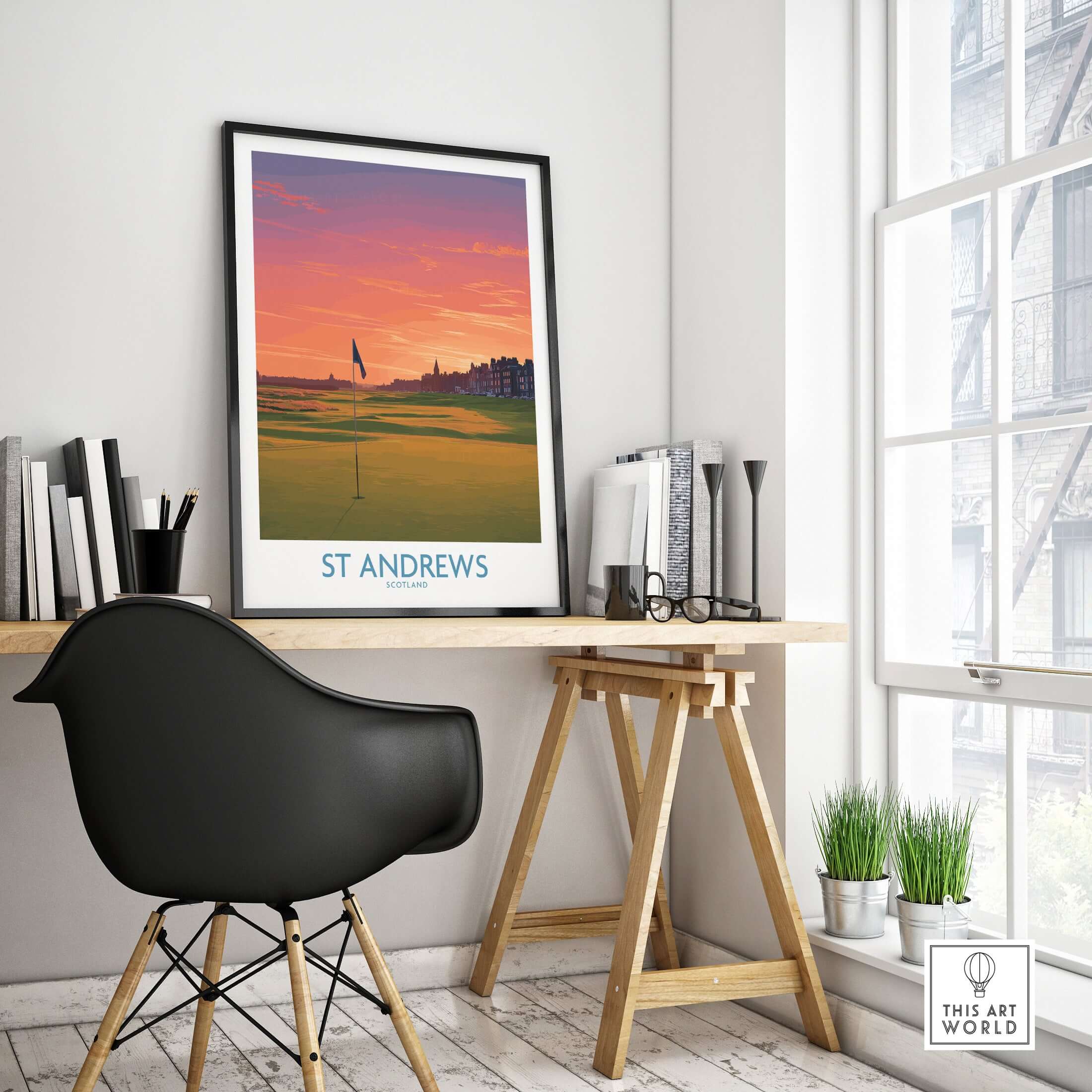 St Andrews Scotland Historic Golf Course Wall Art - Scotland Poster Print displayed in a modern office setting.