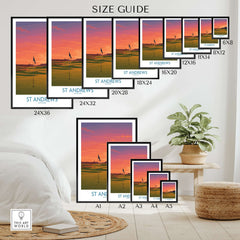 St Andrews Scotland Historic Golf Course Wall Art - Scotland Poster Print size guide showing various dimensions.