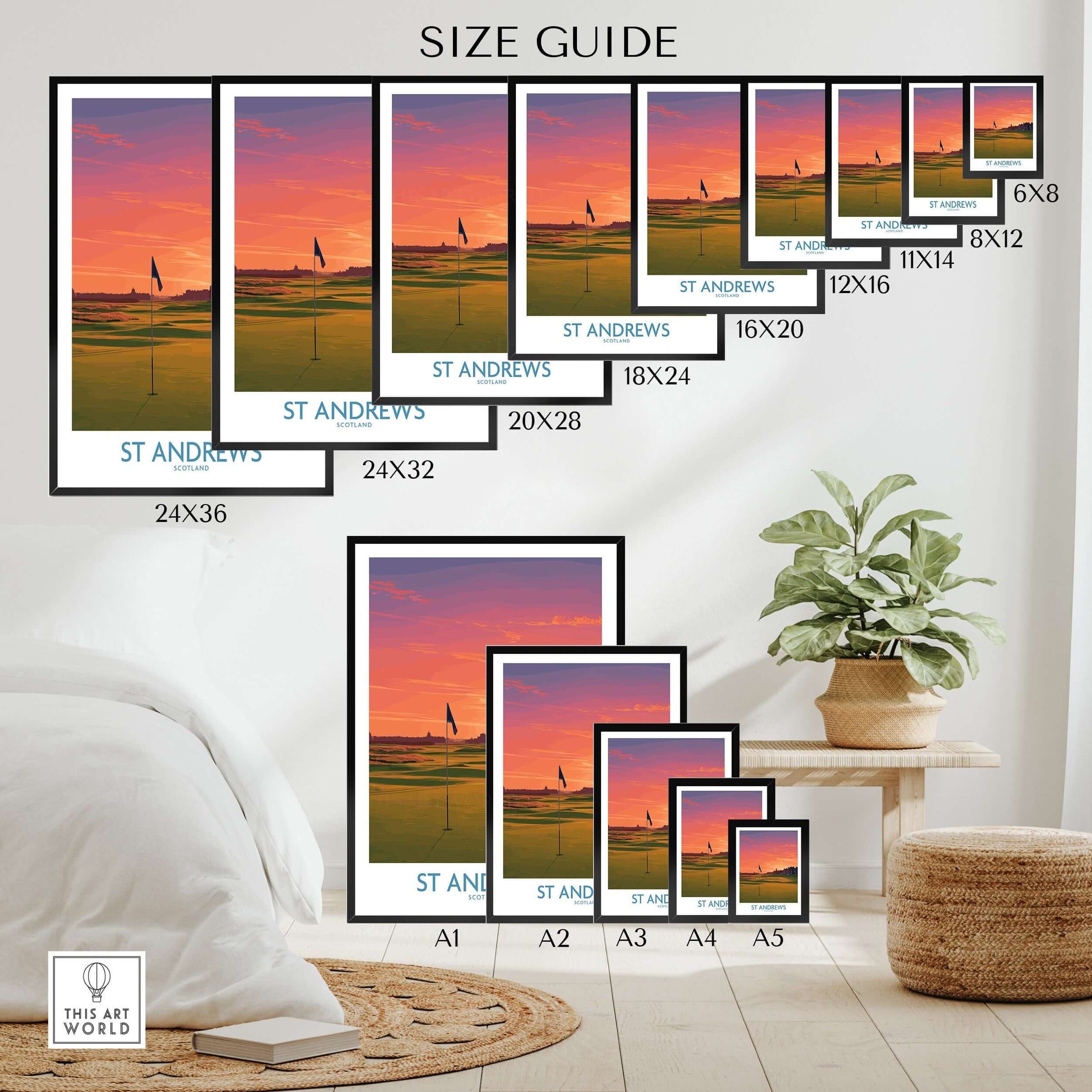 St Andrews Scotland Historic Golf Course Wall Art - Scotland Poster Print size guide showing various dimensions.