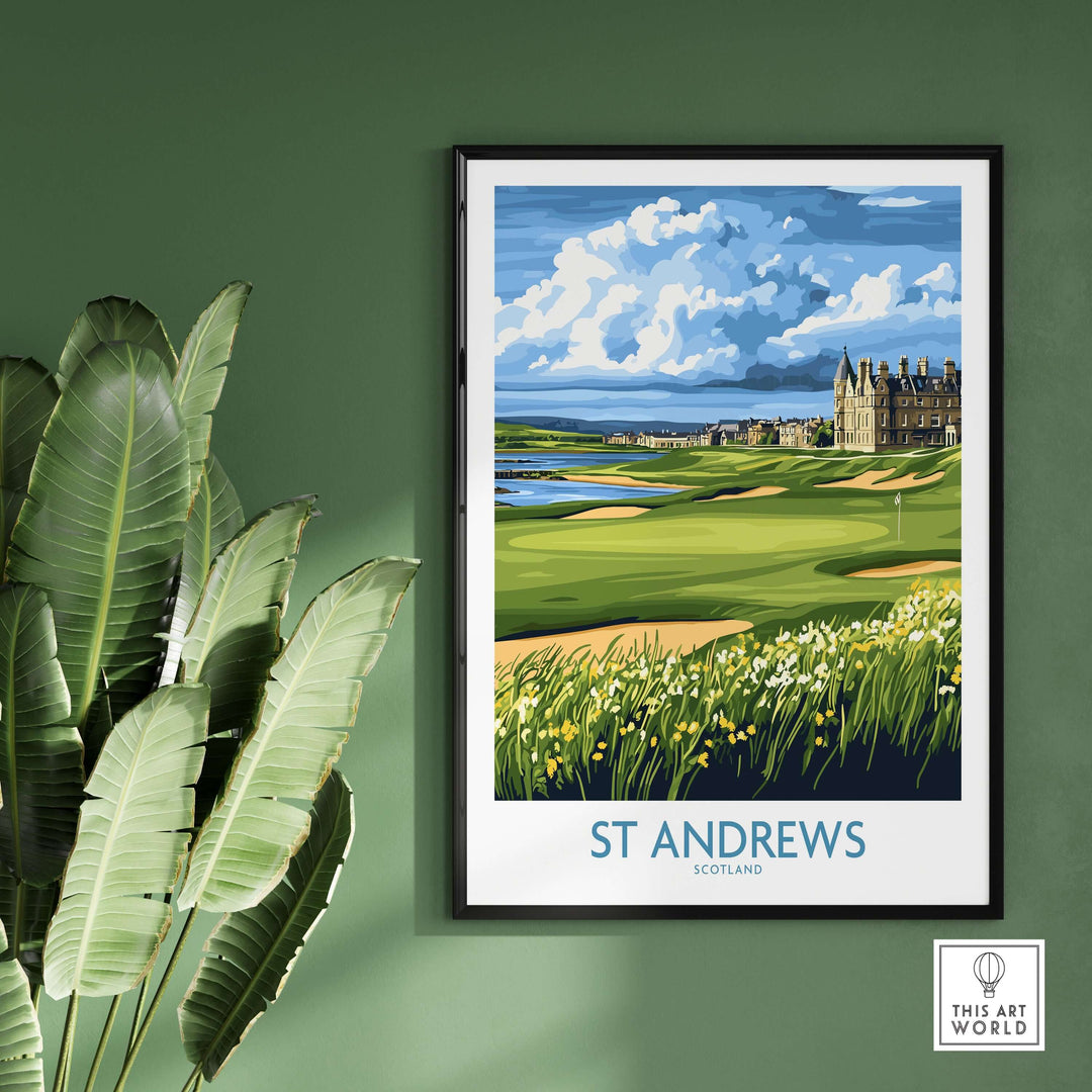 St Andrews Scotland Links Course wall art print featuring lush fairways and historic clubhouse against a dramatic sky.