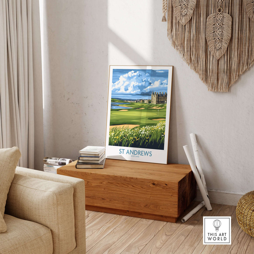 St Andrews Scotland Links Course wall art featuring lush fairways and historic clubhouse in a cozy interior setting.