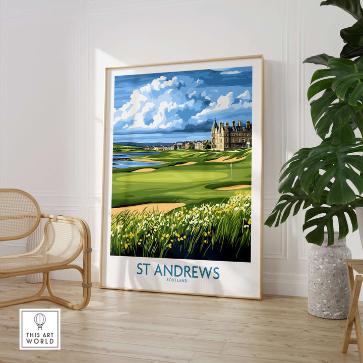 St Andrews Links course wall art showcasing the Scottish coastline and historic golf clubhouse.