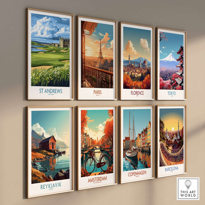 Gallery of travel posters featuring St Andrews, Paris, Florence, Tokyo, Reykjavik, Amsterdam, Copenhagen, and Barcelona.