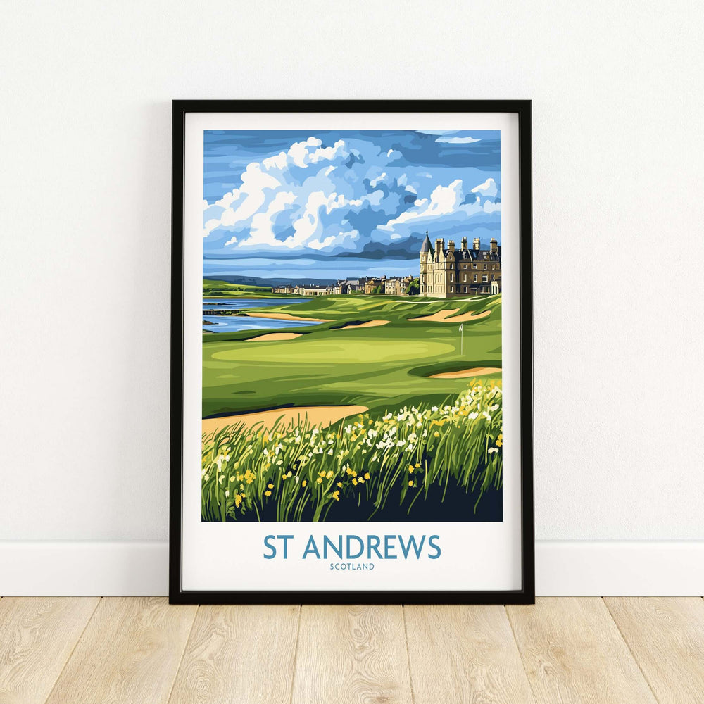 St Andrews Scotland Links Course wall art featuring the iconic clubhouse and lush fairways against a blue sky.