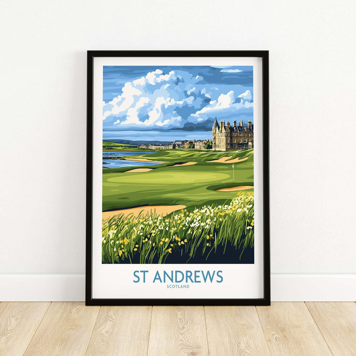 St Andrews Scotland Links Course wall art featuring the iconic clubhouse and lush fairways against a blue sky.