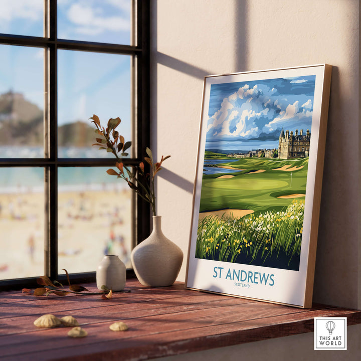 Framed wall art of St Andrews Links Course featuring clubhouse and coastal landscape.