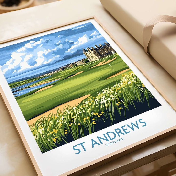 St Andrews Scotland Links Course wall art print featuring iconic golf scenery and historic clubhouse.