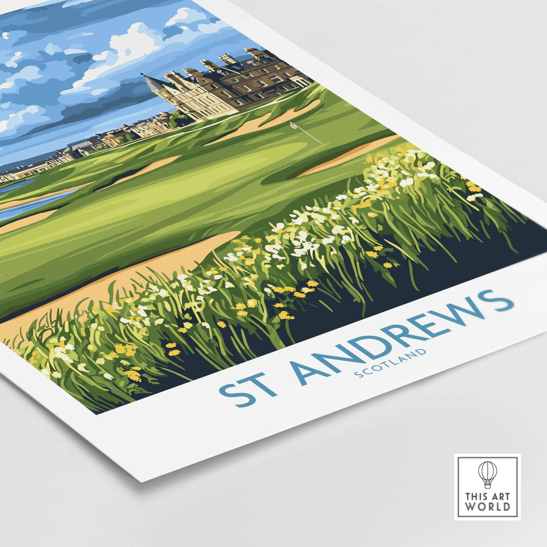 St Andrews Scotland Links Course wall art print featuring vibrant greens and iconic golf scenery.