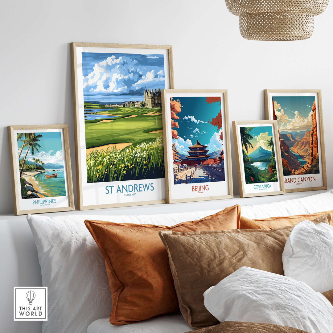 Framed wall art prints of St Andrews, Beijing, Costa Rica, Philippines, and Grand Canyon in a cozy living space.