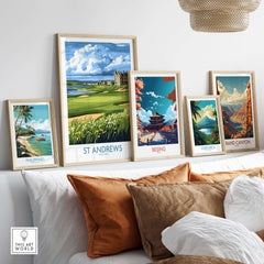 St Andrews Scotland Links Course Wall Art - Historic Golf Destination displayed among various travel-themed prints.