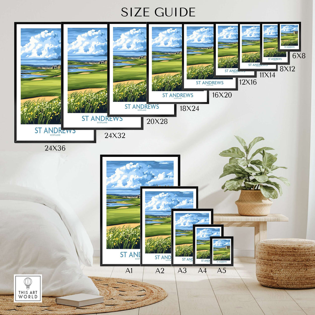 Size guide for St Andrews Links Course Wall Art, showcasing available print sizes and designs.