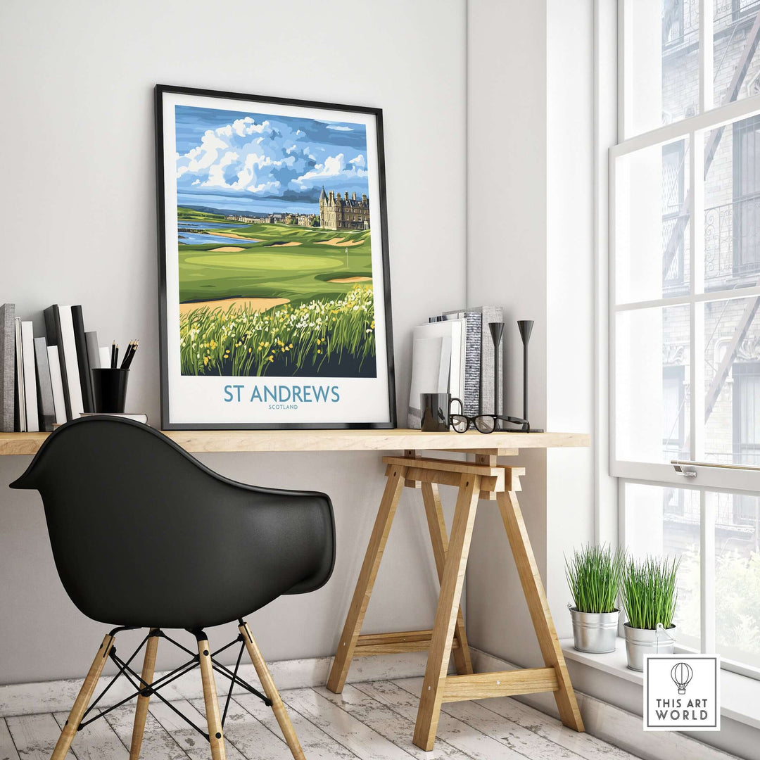 St Andrews Links Course wall art in a stylish office setting, showcasing the iconic Scottish golf destination.