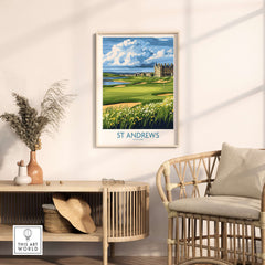 St Andrews Scotland Links Course Wall Art - Historic Golf Destination displayed on a stylish wall near a comfortable chair.