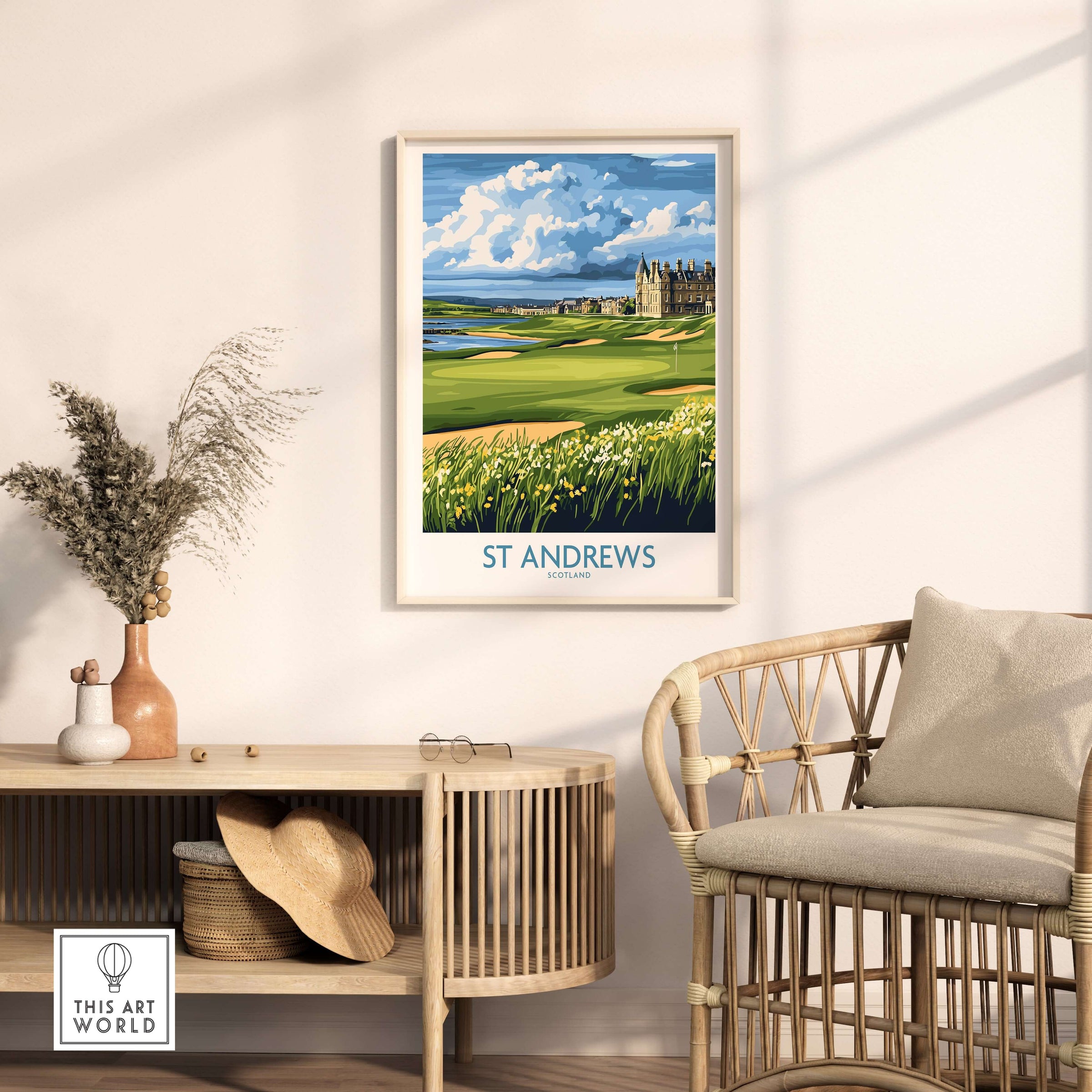 St Andrews Scotland Links Course Wall Art - Historic Golf Destination displayed on a stylish wall near a comfortable chair.