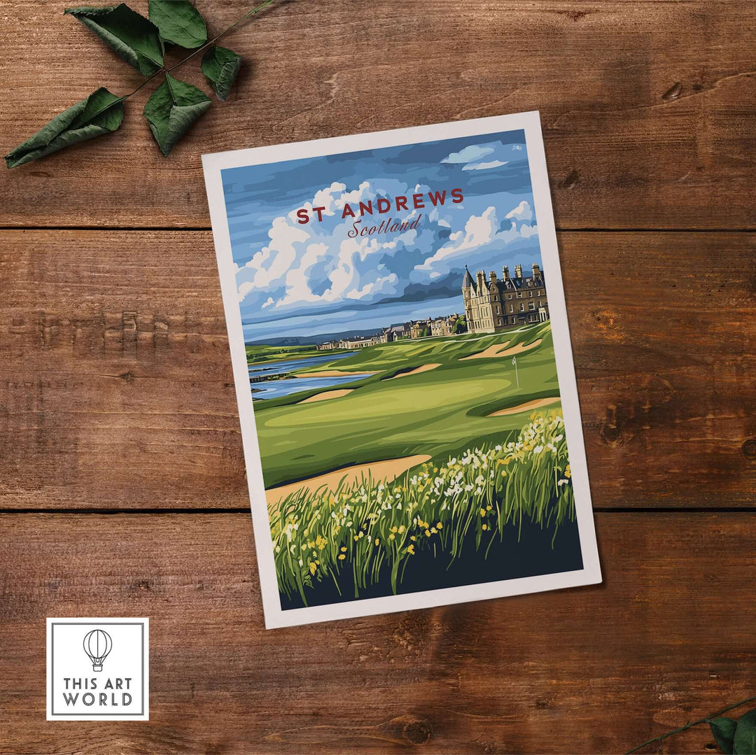 St Andrews Scotland poster featuring lush golf landscapes and historic architecture under a vibrant sky.