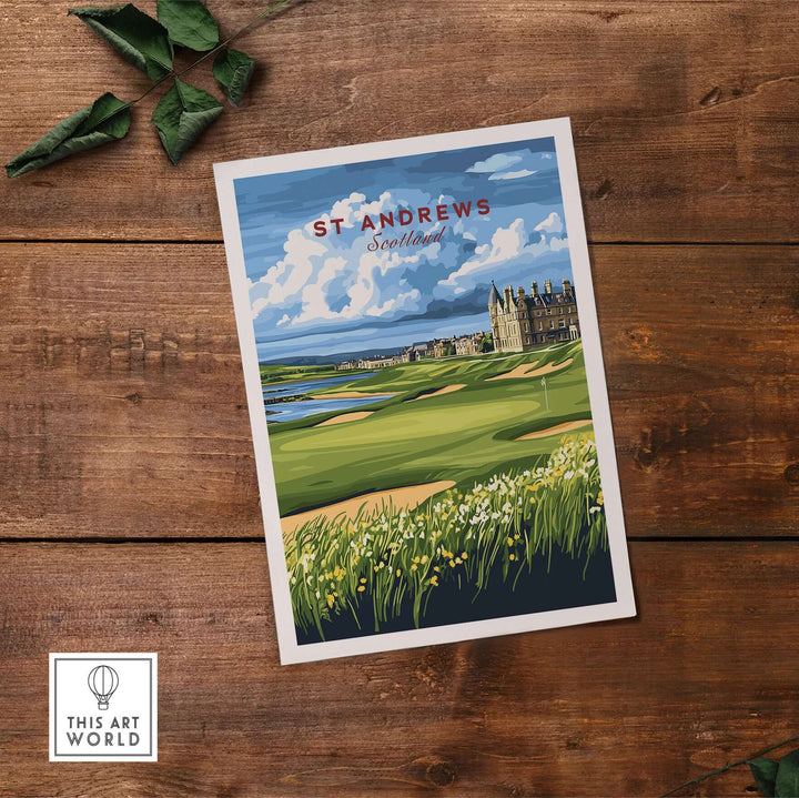 St Andrews Scotland poster featuring lush golf landscapes and historic architecture under a vibrant sky.