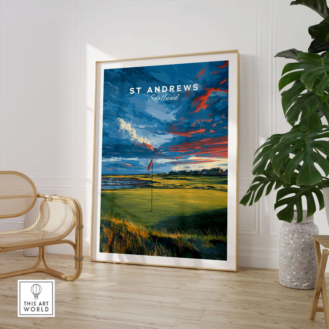 St Andrews Scotland Old Course green print poster framed in a modern interior with scenic golf course view.