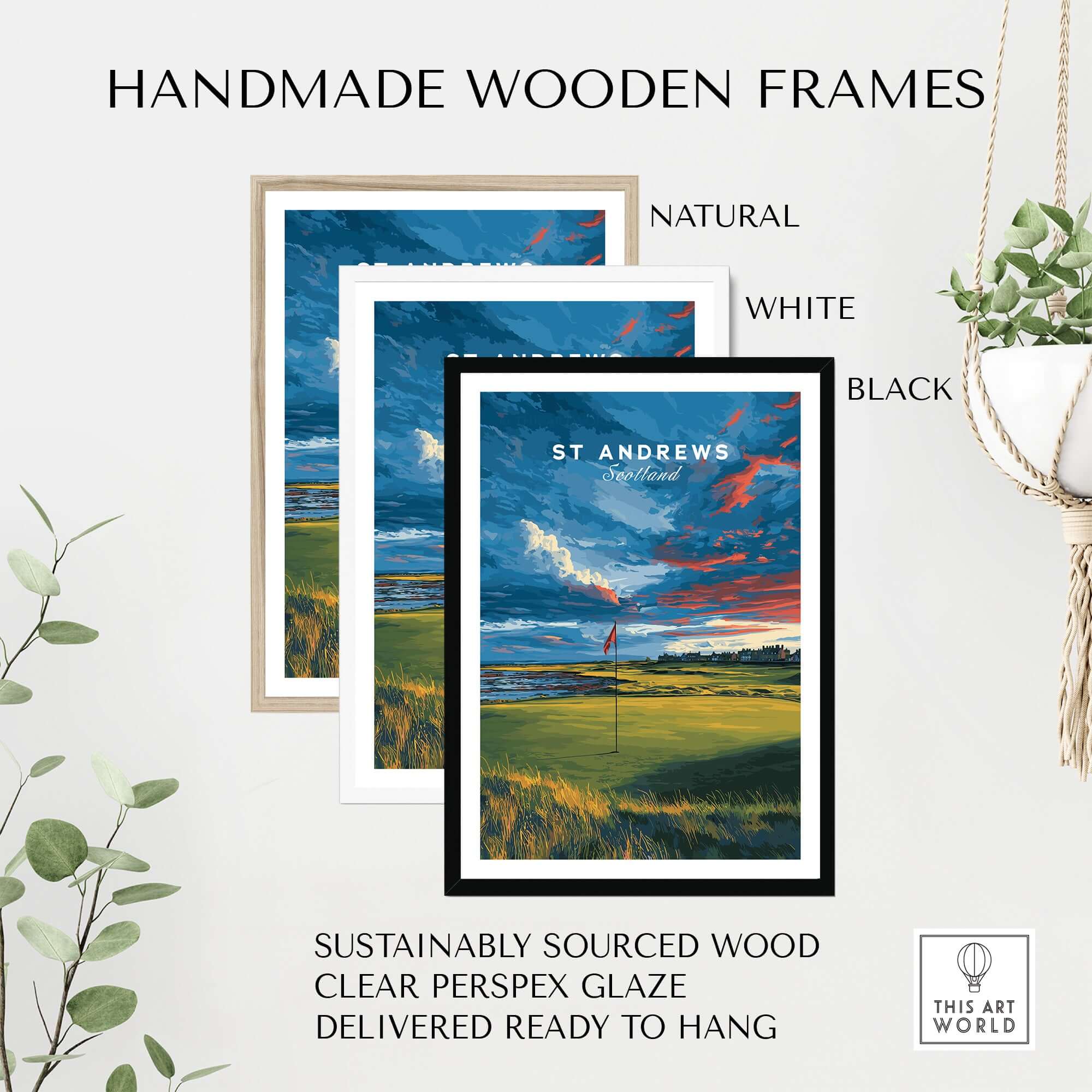 St Andrews Scotland Old Course Green Print - Famous Golf Course Poster framed in handmade wooden frames.