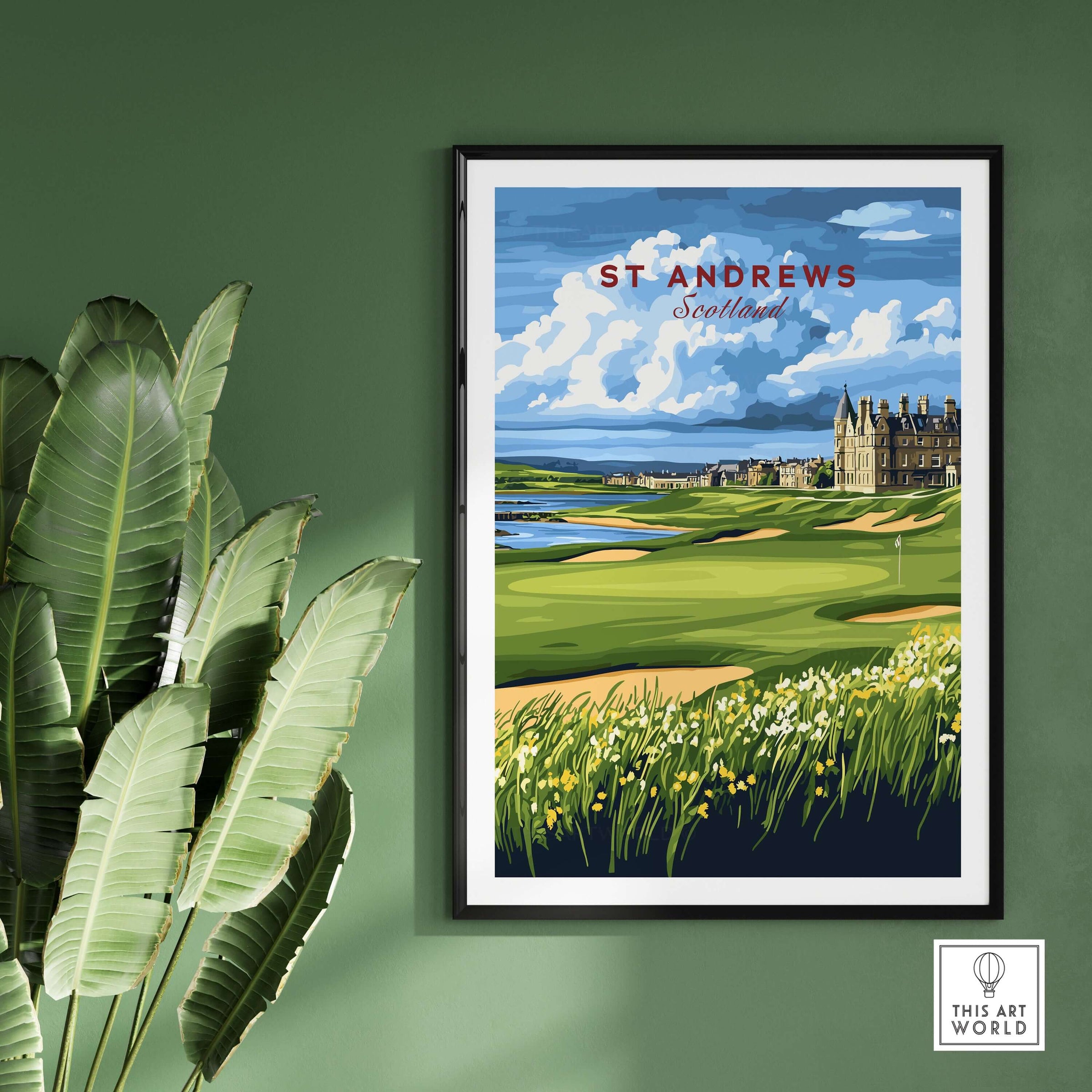 St Andrews Scotland Old Course Sunset Poster - Iconic Golf Landscape Print showcasing vibrant golf course and historic buildings.