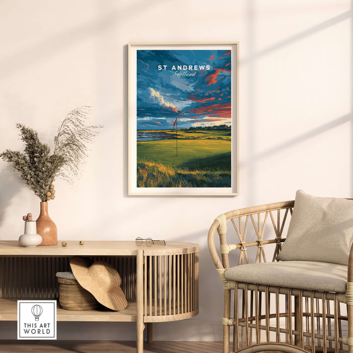 St Andrews Old Course Green Print poster displayed in a stylish living room setting.