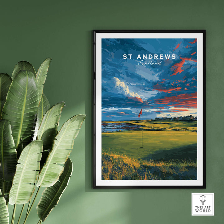 St Andrews Scotland Old Course poster showcasing iconic greens and vibrant sky, perfect for golf enthusiasts.